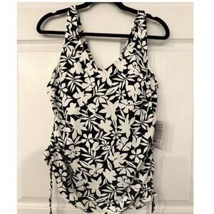 Lands’ End Tankini Top 16W Black White Floral Ruched Side Swim‎ Top Plus